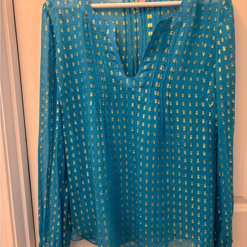 LILLY PULITZER Silk. Turquoise and Gold Women's Top. Semi-sheer. XL
